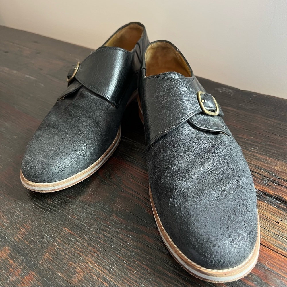J. Shoes Black Suede Genuine Leather Buckle Detail Men's Shoes Size 9.5